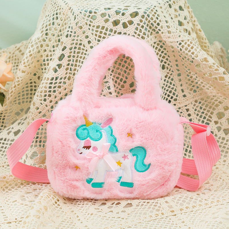 New Small Square Bag Cute Handbag Children's Cartoon Unicorn Plush Square Shoulder Bag Kindergarten Girls Crossbody Bag
