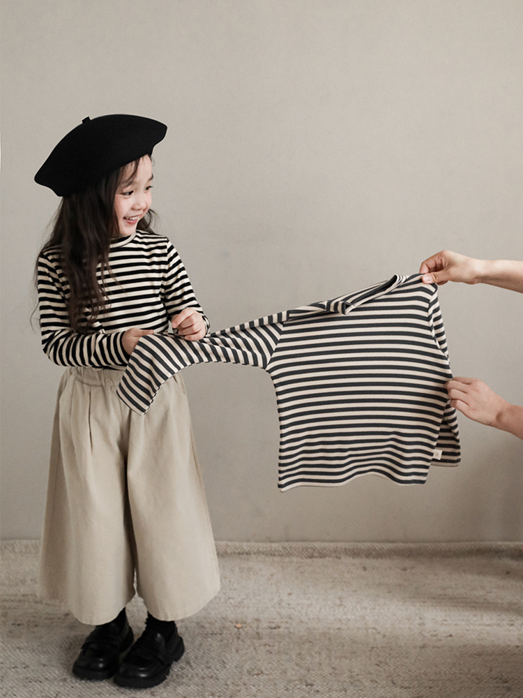 Qiu Duomeng Children's Half High Collar Striped Base Shirt 2023 Autumn New Girls Korean T-shirt Baby Long Sleeve T-shirt