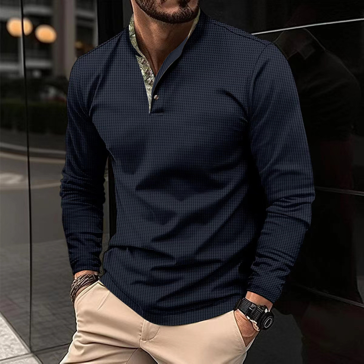 2024 cross-border AliExpress Amazon waffle Spring and Autumn new men's polo shirt double-layer stand collar stitching long sleeve