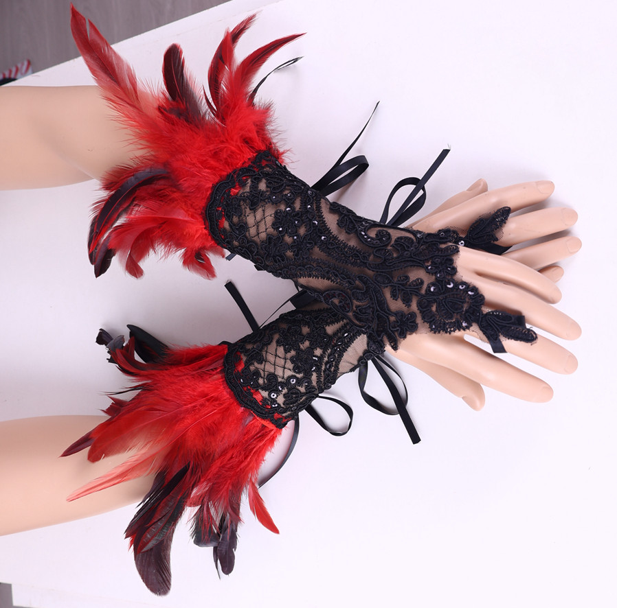  Cross-border Halloween Feather Hook Gloves Party Ball Black Lace Bracelet Sleeve Accessories_voghion.com