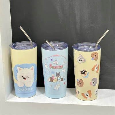 Korean style cartoon puppy vacuum cup high-looking 304 stainless steel water cup high temperature resistant portable straw cup coffee cup