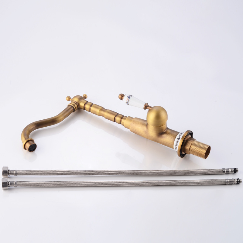 Antique faucet copper hot and cold basin blue and white porcelain European-style retro single hole kitchen rotatable faucet