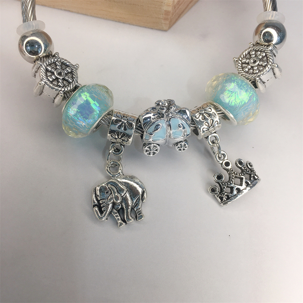 Panjia Classic Style Amazon Hot Sale Peace Elephant Crown Stainless Steel Adjustable DIY Handmade Beaded Bracelet