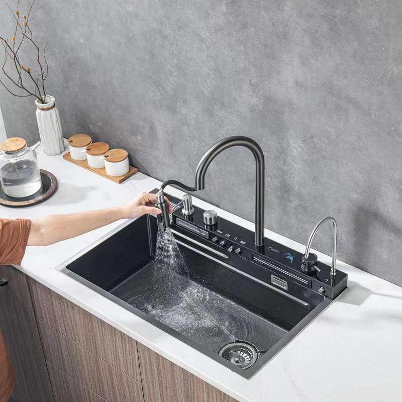 Dolphin New Product Nano 304 Stainless Steel Flying Rain Waterfall Large Single Basin Sink Kitchen Piano Button Sink