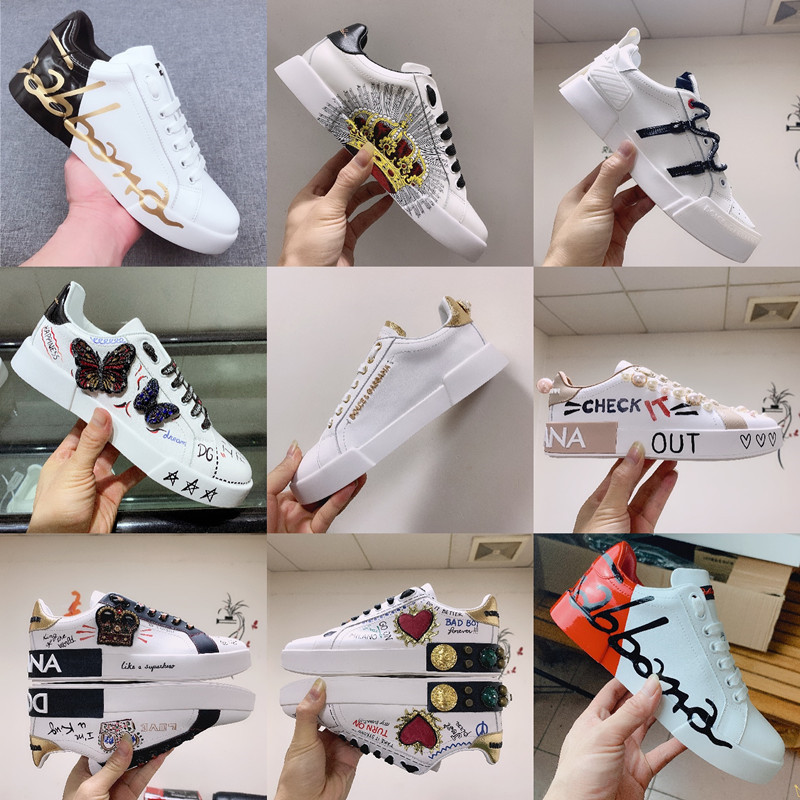 Top Edition Foreign Trade Original Single Rebar Same Style Real Cowhide DG2023 Rivet Graffiti White Shoes Men's Couple Shoes Fashionable Shoes Women