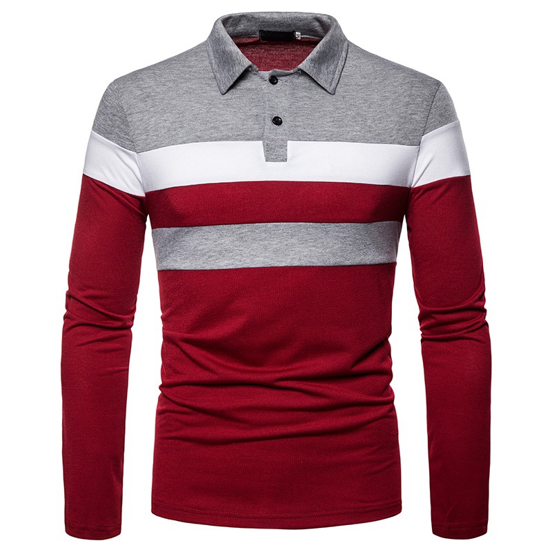 Autumn 2023 New Three Color Stitching Fashion Design Casual T-shirt Lapel Long Sleeve Polo Shirt Men's Long Sleeve T-shirt
