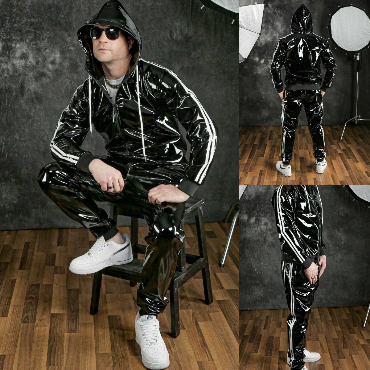 2021 Amazon wish new hooded fashion PU bright leather sports suit TZ2399