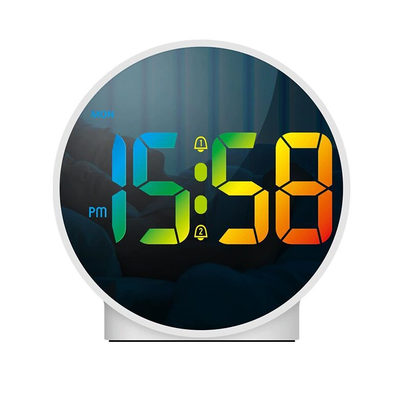 Simple English LED colorful lights mirror clock compact digital desktop clock fashion round electronic clock dual alarm clock