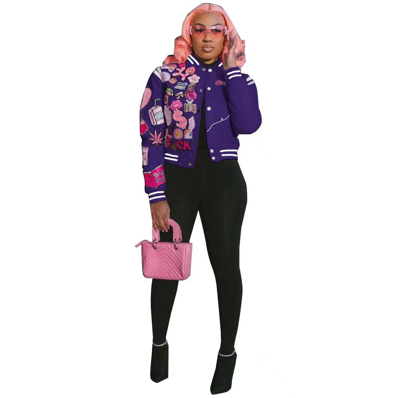 WB9150 European and American large size women's cross-border supply fashion printed button baseball jacket