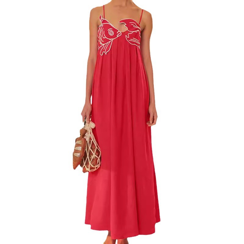 European and American Cross-border 2024 Summer New Fashion Distinctive Red Fish-shaped Tube-shaped dress Strap Backless Long Dress