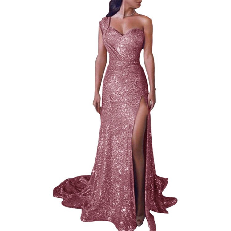 Summer Neck dress Long Banquet Elegant Sexy High-end One-shoulder Bronzing Long Evening Dress