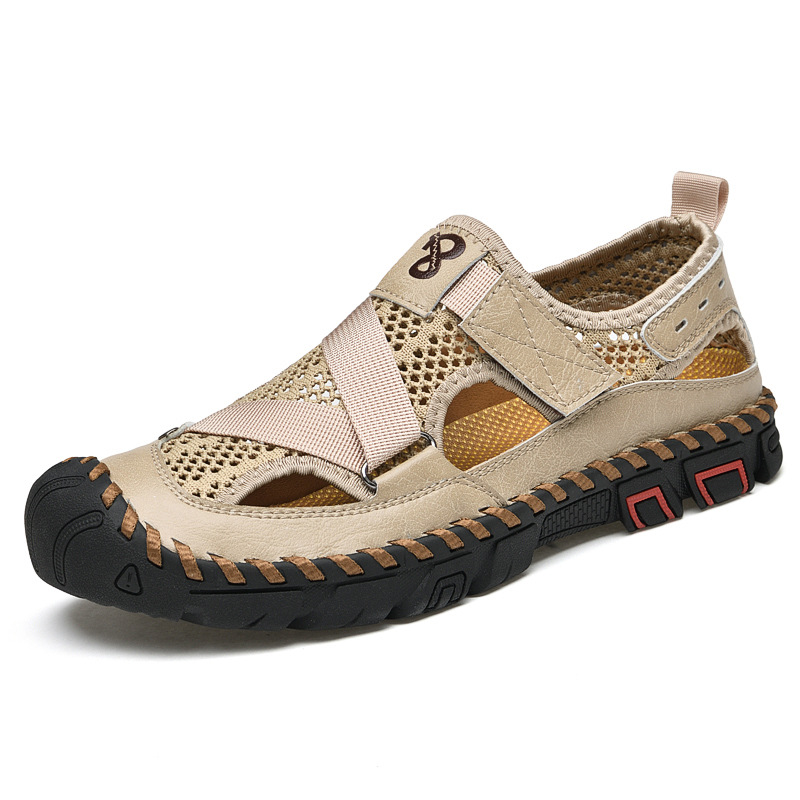 2021 New Summer Mesh Toe Leather Sandals Men's Breathable Korean Style Leg Cowhide Leather Beach Shoes Amazon Trendy