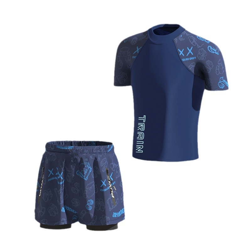 Men's Big Children's Swimsuit suit New Fashion plus size Fake Two-piece Anti-embarrassment Printed Sports Swimming