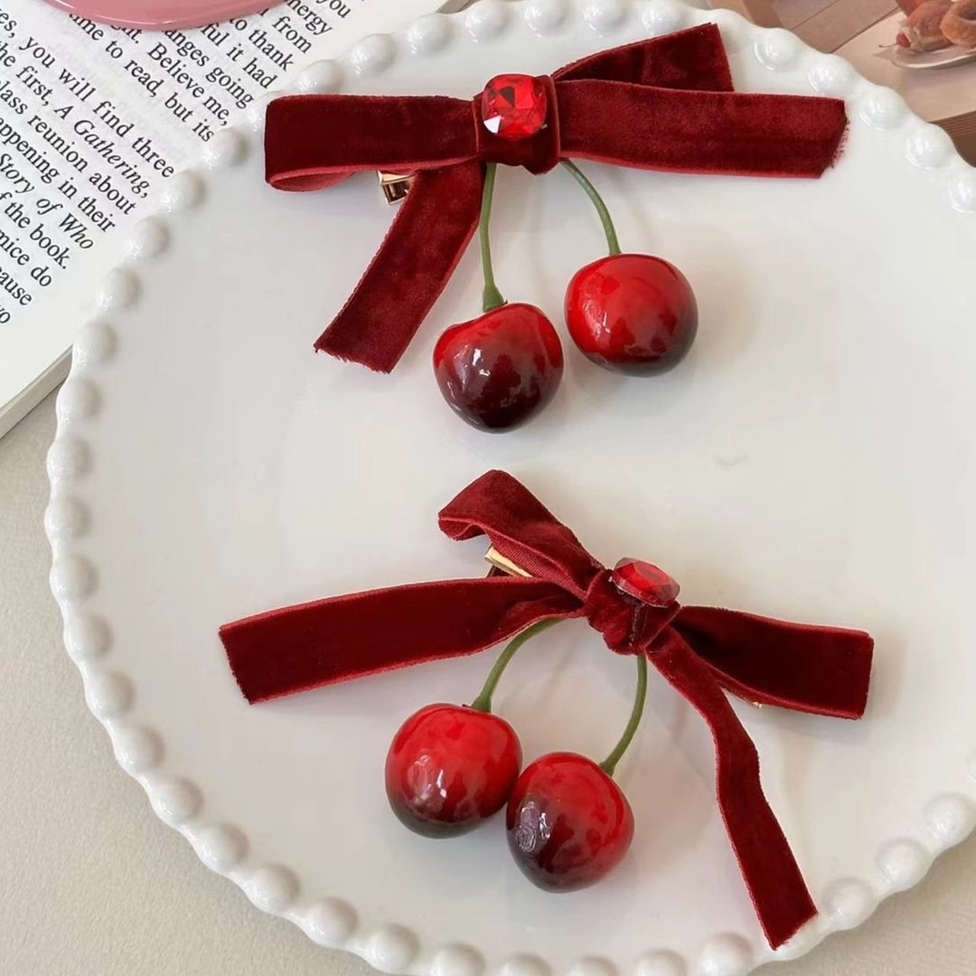Winteratmosphäre kirschrote Schleife Samt Haarnadel Mädchen zurück Halbkrawatte Haarspange Kopfschmuck Haarschmuck_voghion.com