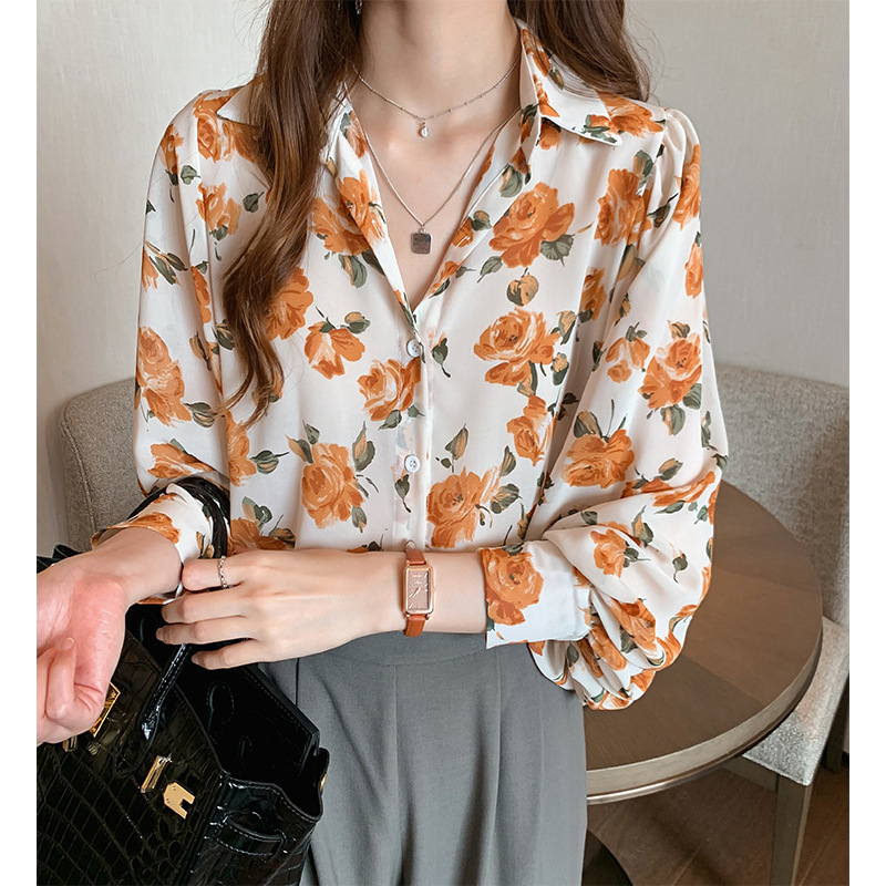 Floral Shirt Women's 2021 New Retro Loose Design Sense Top Long Sleeve Chiffon Shirt Base Shirt