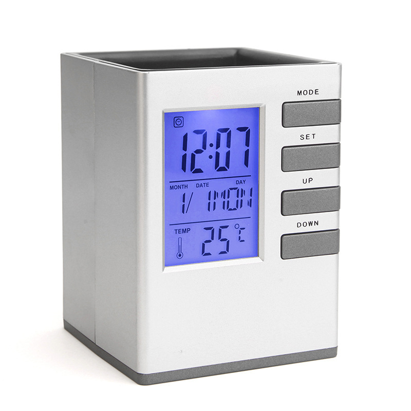 Factory sales calendar pen holder clock office student alarm clock thermometer multifunctional gift pen holder alarm clock