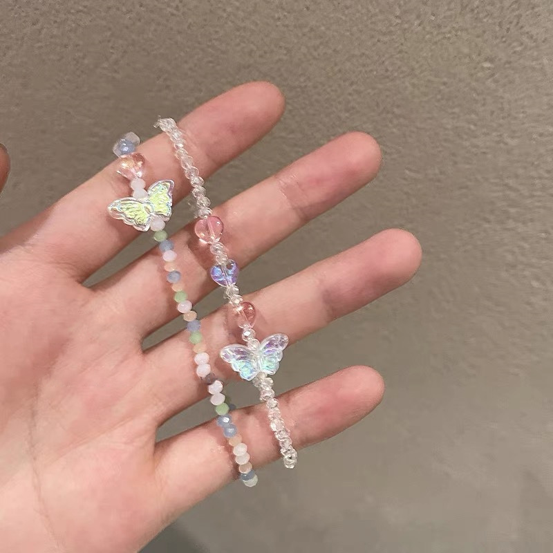 彩色串珠亞克力蝴蝶手鍊女夏ins小眾設計簡約百搭手繩可調節手飾