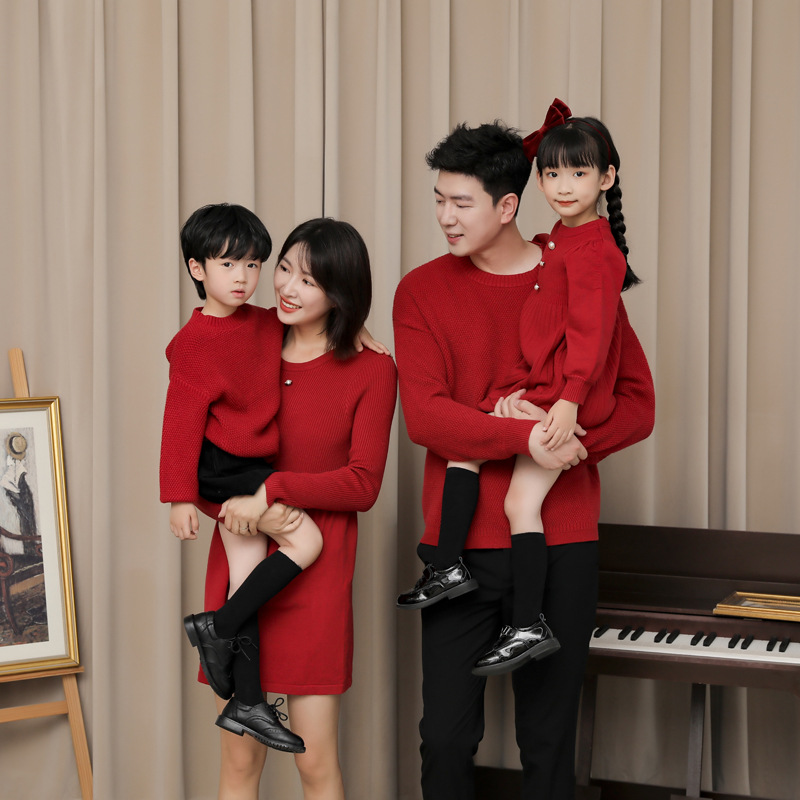 Family of three and four Family photo Parent-Child outfit Mother-son father-son mother-daughter parent-child outfit Autumn and winter red sweater