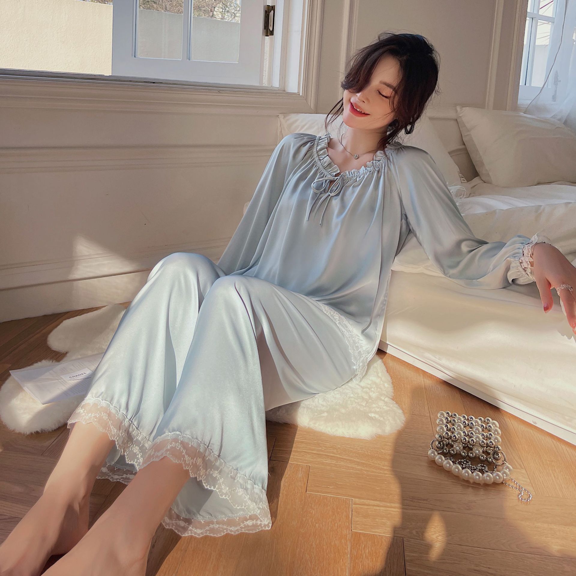 Pajamas Women's Autumn and Winter French Court Ice Silk Princess Style Silk Home Clothes Sweet Home Long Sleeve Trousers Set