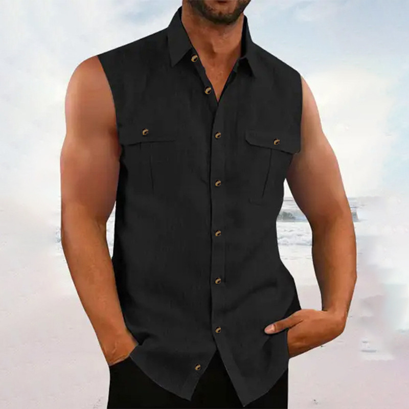 2023 European and American New Men's Simple Cotton and Linen Solid Color Lapel Sleeveless Shirt Beach Multicolor Casual Loose Shirt