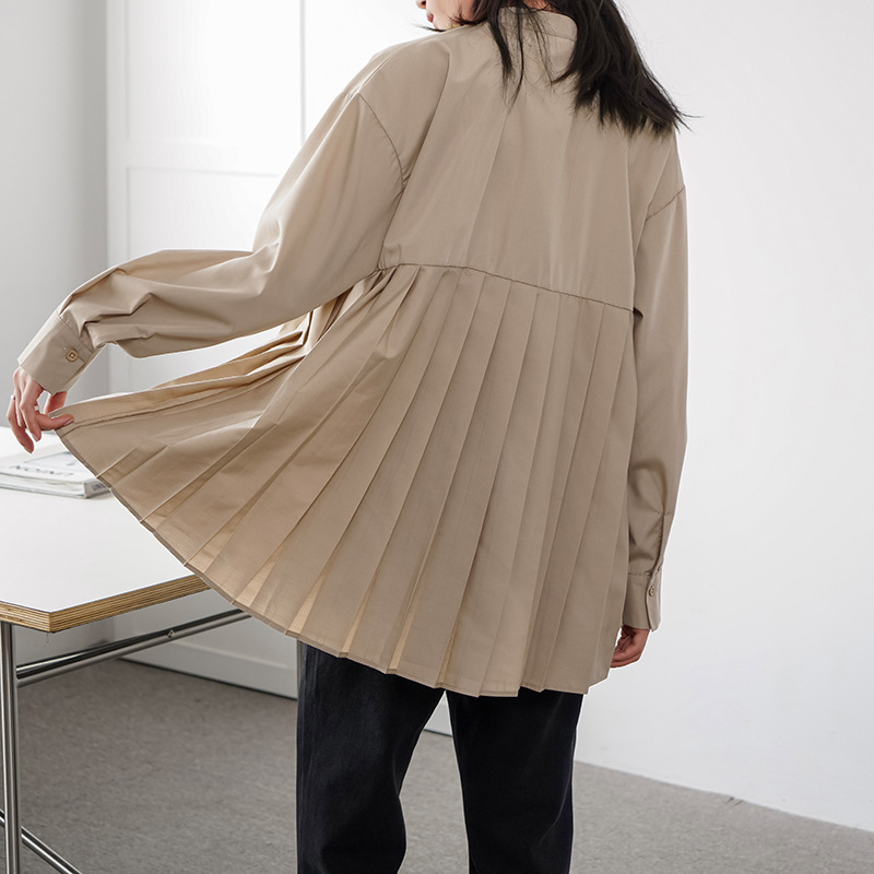 Japanese Letian new 4-color 2022 spring loose pleated shirt Women's Mid-length bottoming shirt Real shot