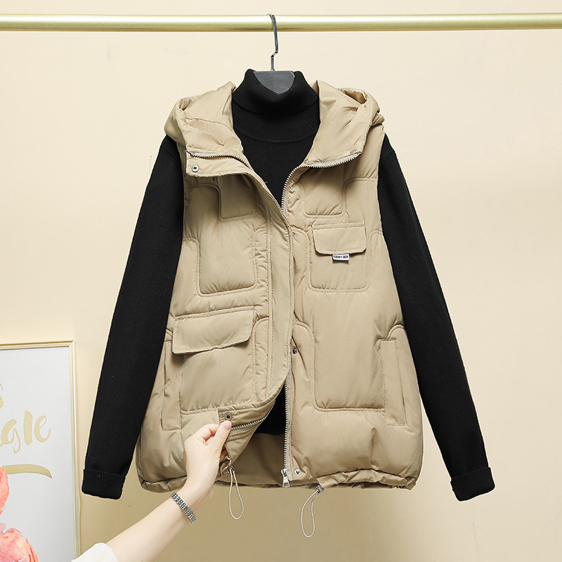 Fashion trendy vest for women 2023 autumn and winter New Korean style waistcoat slimming hooded vest cotton-padded vest
