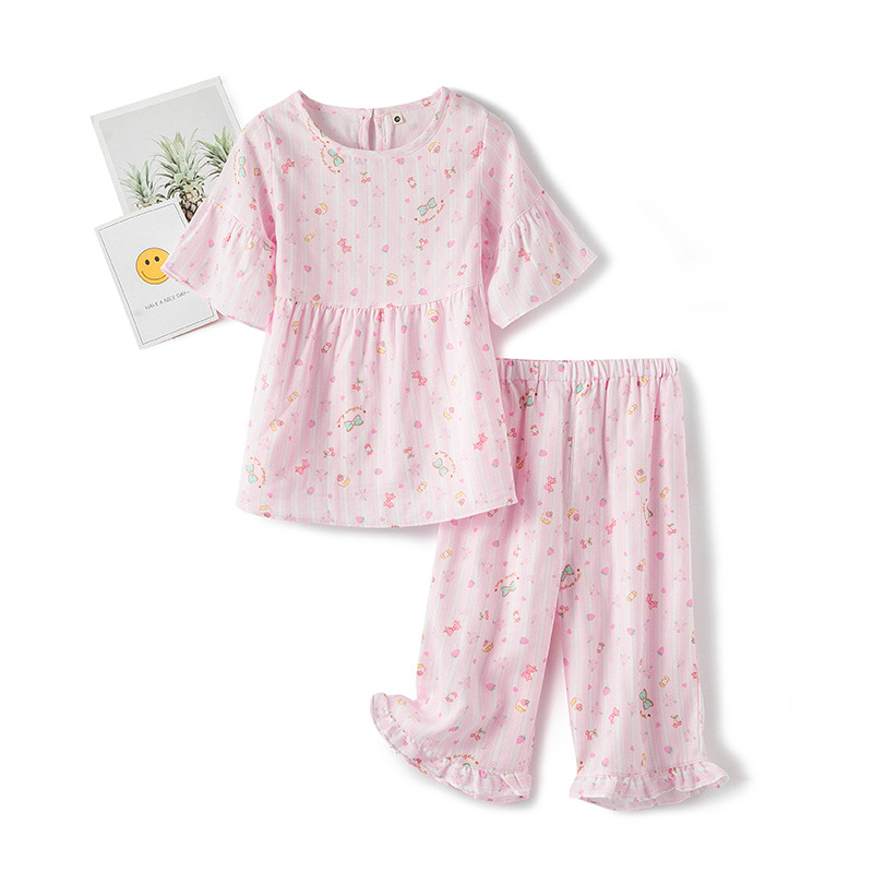 Spring and summer cotton double-layer yarn for boys and girls cute cartoon long short sleeve long shorts pajamas home clothing set Wholesale