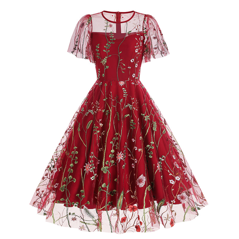 Amazon Europe and the United States cross-border round neck short sleeve heavy embroidery dress 50s dress 8235