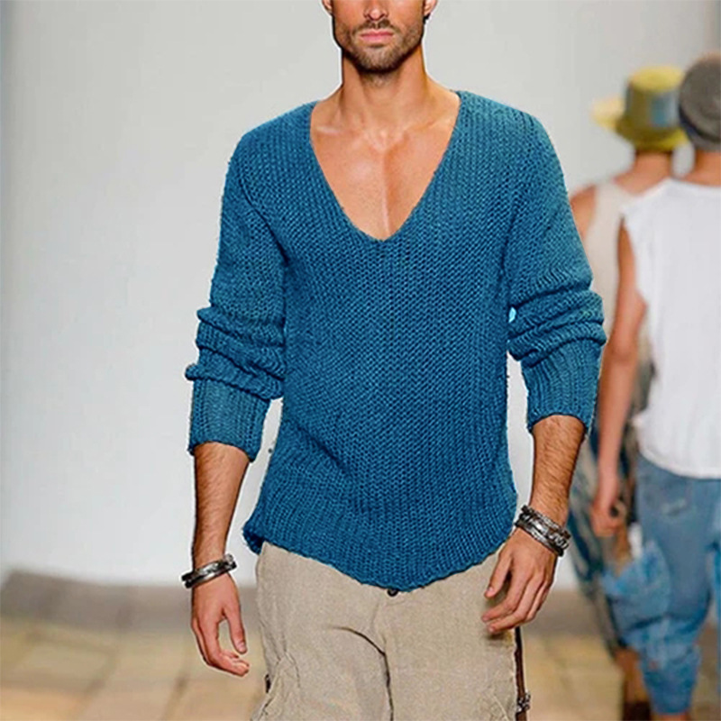 European and American Men's Long-sleeved V-neck Loose Large Size Men's Fashion Casual Solid Color Knitted Pullover Cross-border Sweater