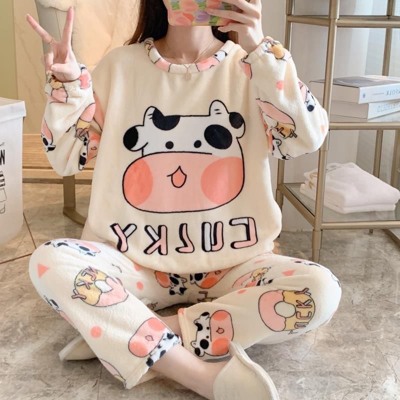 New autumn and winter pajamas flannel thickened women's sweet cartoon casual long-sleeved pajamas women's coral velvet home wear set