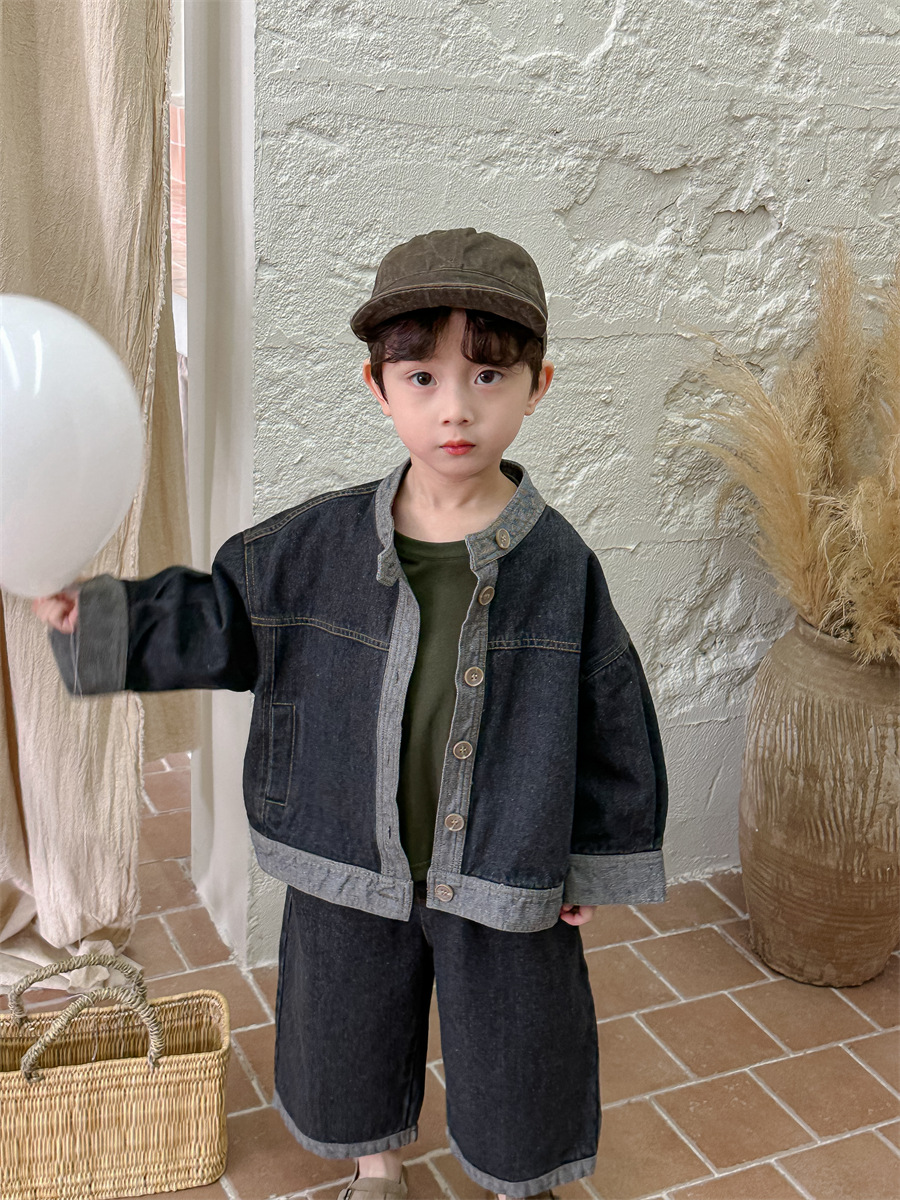 Jiaye children's 2023 children's spring color matching Denim shirt coat baby straight pants cropped pants two-piece suit