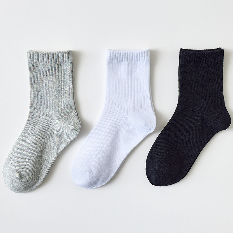 Children's black mid-calf length socks white student socks pure cotton medium and big children's socks spring and autumn summer boys' socks thin girls