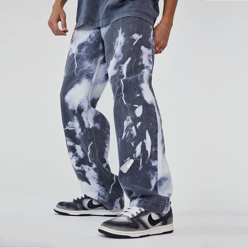 European and American trend High Street washed tie-dyed printed denim pants men's hip-hop wide leg straight barrel Daddy Pants Factory Outlet