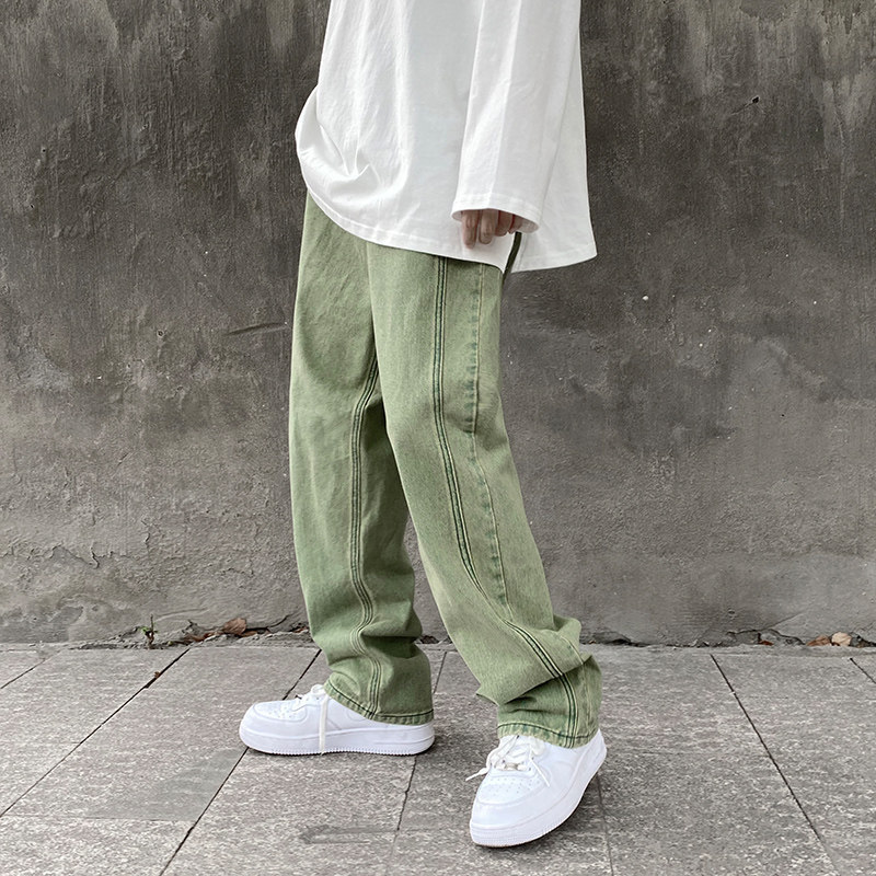 2023 Spring New Hong Kong Style Jeans Men's Korean Style Fashion Neutral Style Loose Wide Leg Pants Fashionable Purple Pants