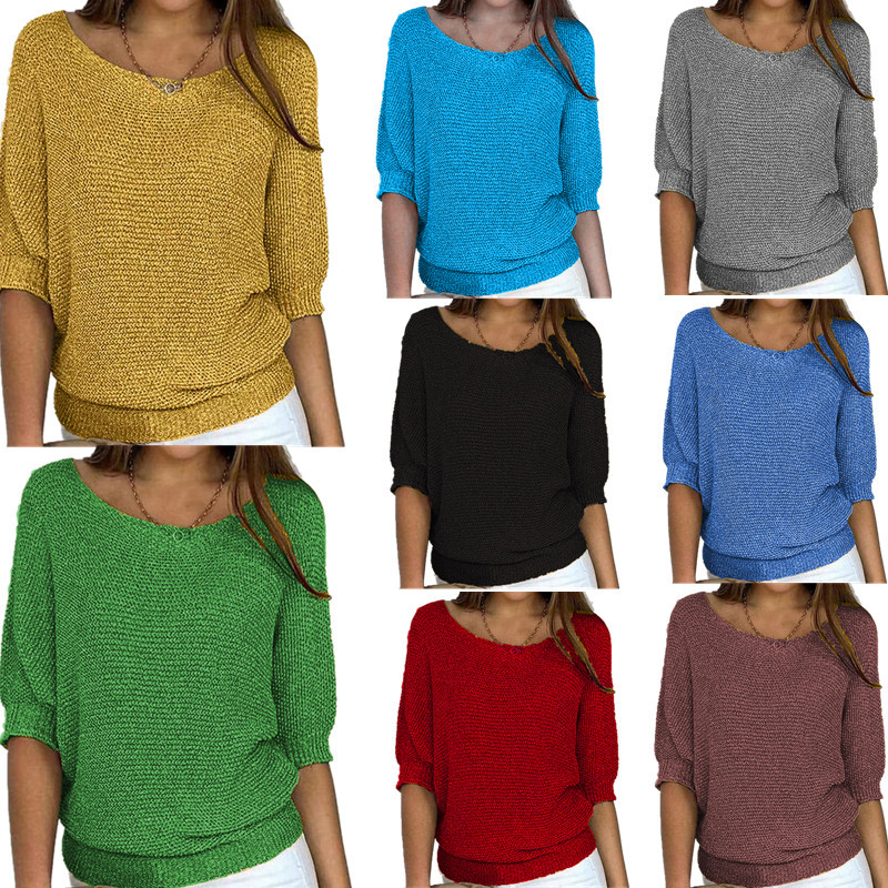 Spring new cross-border European and American style solid color round neck sweater women's commuter elegant 3/4 sleeve top air conditioning shirt