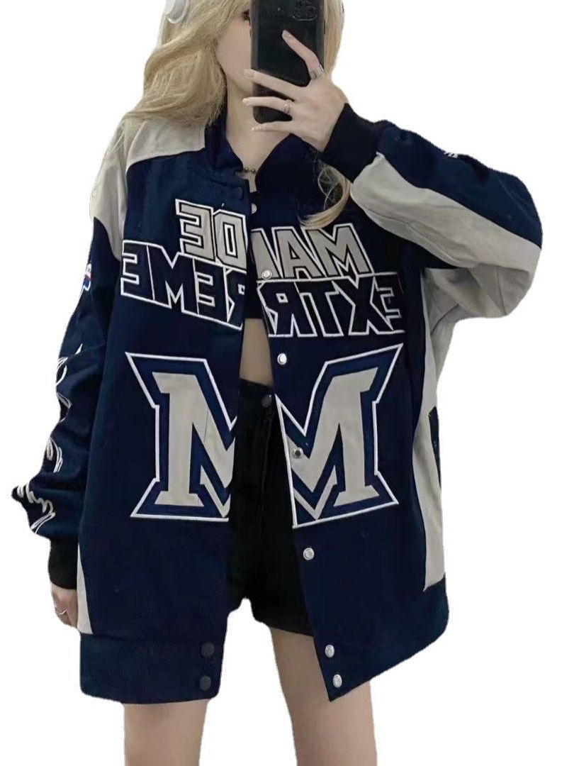 American Retro Street High Street Heavy Industry Racing Motorcycle Jacket Retro Color Crossblock Letters Men's and Women's National Fashion Loose Jacket