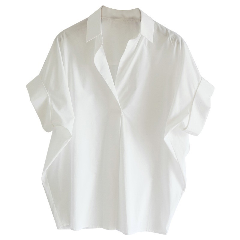 Vintage Hong Kong Style Short Sleeve Shirt Women's Summer New Style All-match White Shirt Loose Bat Sleeve Collar Top
