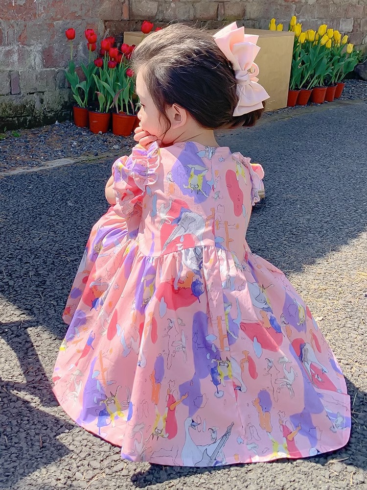 Girls Summer Pink Dress 2023 New Puff Sleeve Princess Dress Sweet Cartoon Dress Western Style Lace