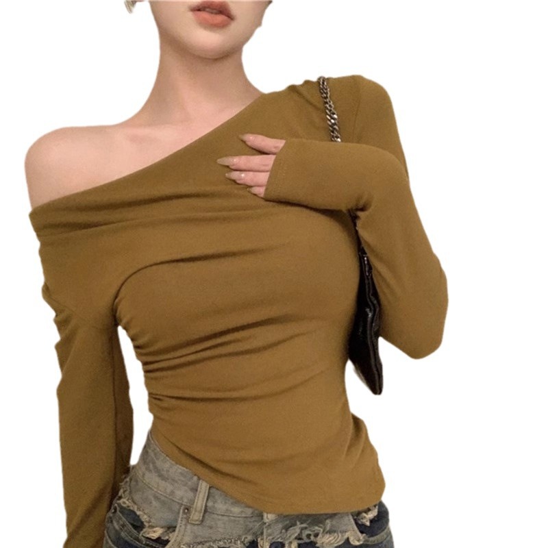 Spring and Autumn Spicy Girls One-Shoulder Long Sleeve T-shirt Women's Spring Slim Collarbone Irregular Design Niche Short Top