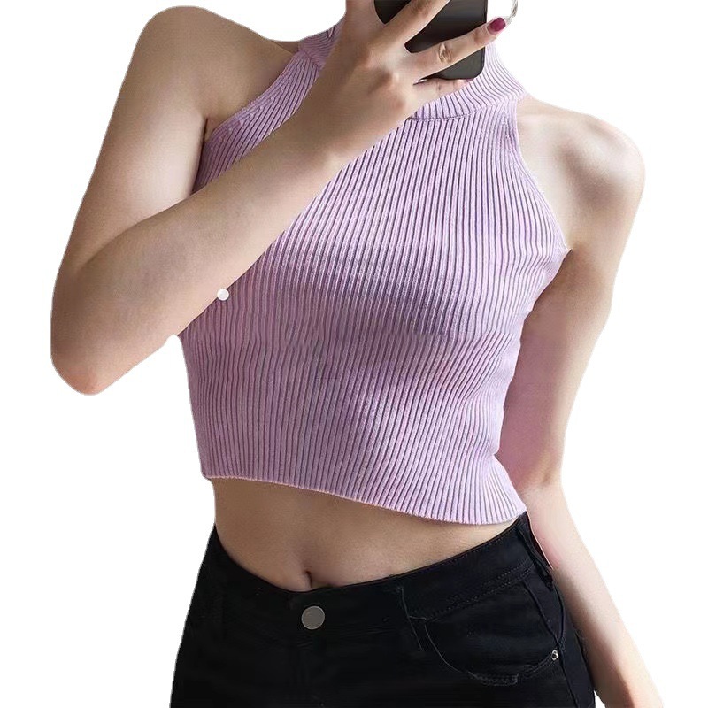 European and American Style Unique Sleeveless Narrow Shoulder Sexy Vest Hanging Neck Wear Slim-Fit Navel Slimming Tight Waist Threaded Knitted Top