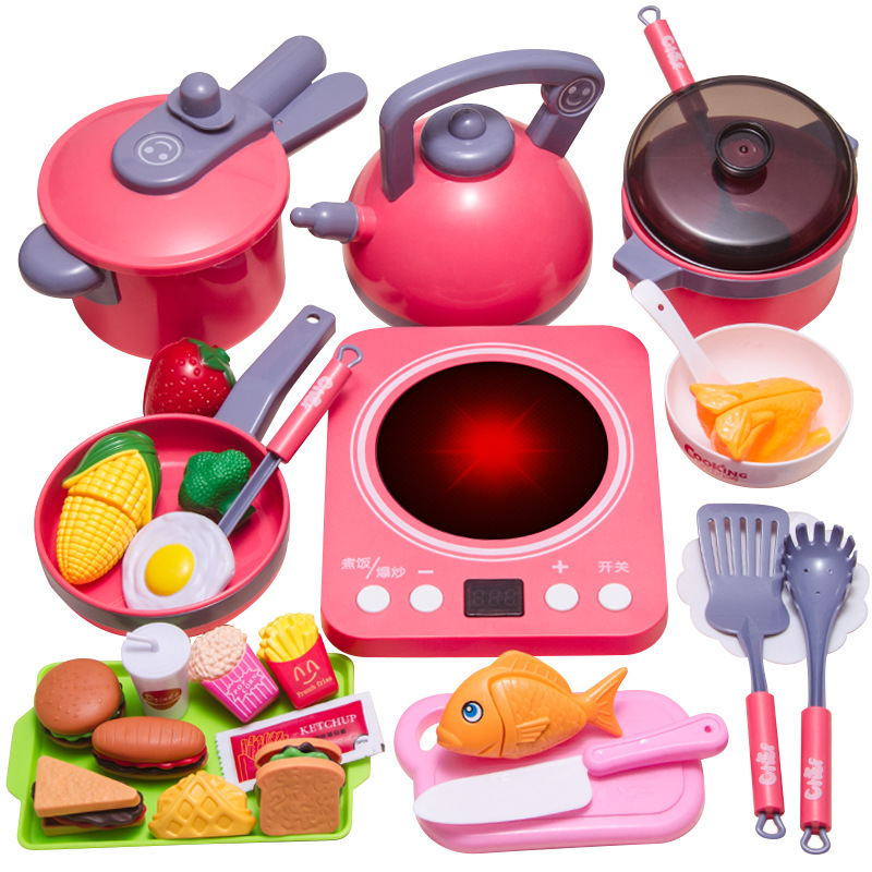 Children play house simulation kitchen toys suit girls cooking boy baby cutting fruit induction cooker kitchenware