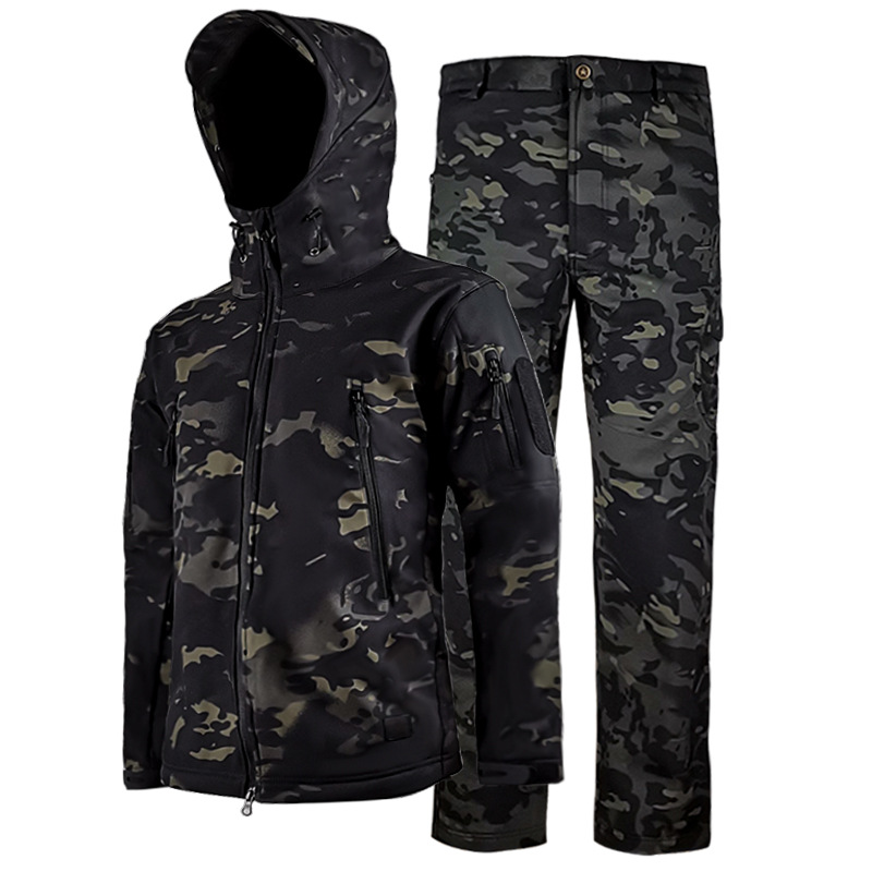 Outdoor sports jacket suit fleece-lined thickened warm jacket pants autumn and winter men's windproof waterproof soft shell coat