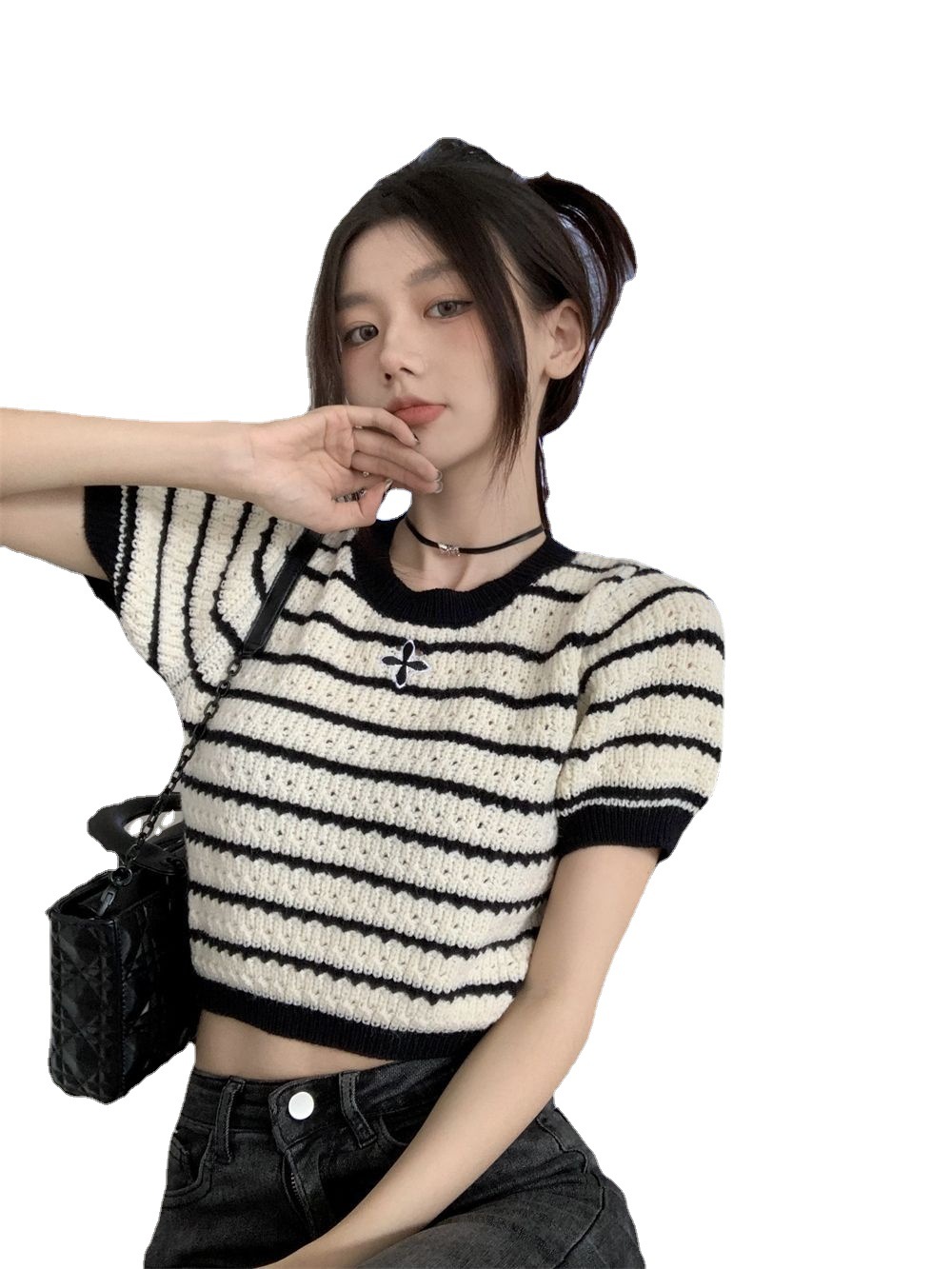 Striped Hollow Puff Sleeve Short T-shirt for Women Summer New Design Round Neck Chic Pure Desire Hot Girl Top Trendy