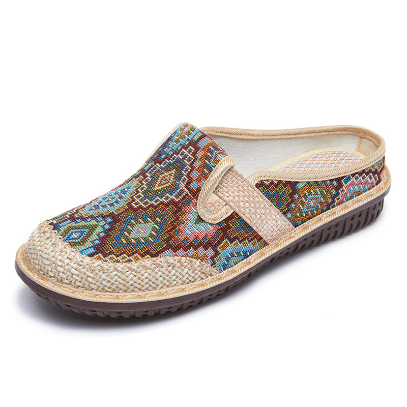 Old Beijing Cloth Shoes Women's 2024 New Ethnic Style Half Slippers Linen Baotou Slippers Women's Soft-soled Casual Single-layer Shoes
