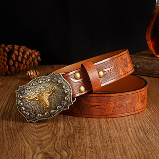 New Fashion Men's Western Denim Large Plate Buckle Personality 3 Nail Embossed Belt Famous Ethnic Style Trouser Belt for Men