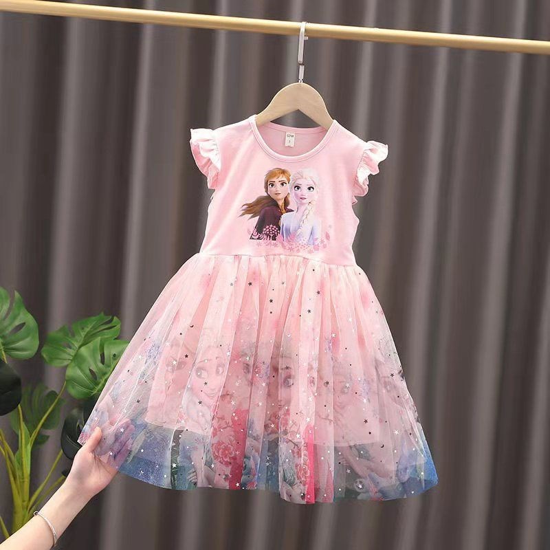Children's Wear Girls dress Summer 2025 New Frozen Short-sleeved Princess Aisha Dress Children's Mesh Dress Trendy