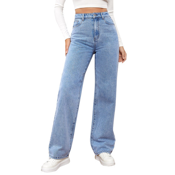 2025 European and American Cross-Border High-Waisted Straight-Leg Denim Pants Women's Washed Light-Colored Simple Pants