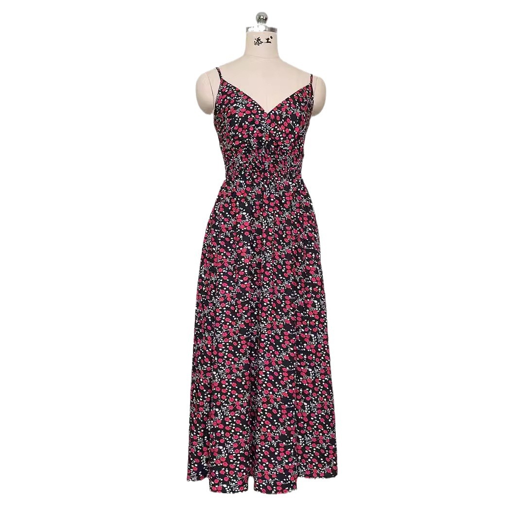 Foreign Trade Women's Clothing Amazon Explosions Dress 2023 Summer Cross-border Printed Sling V-Neck Waist European and American Women's Clothing