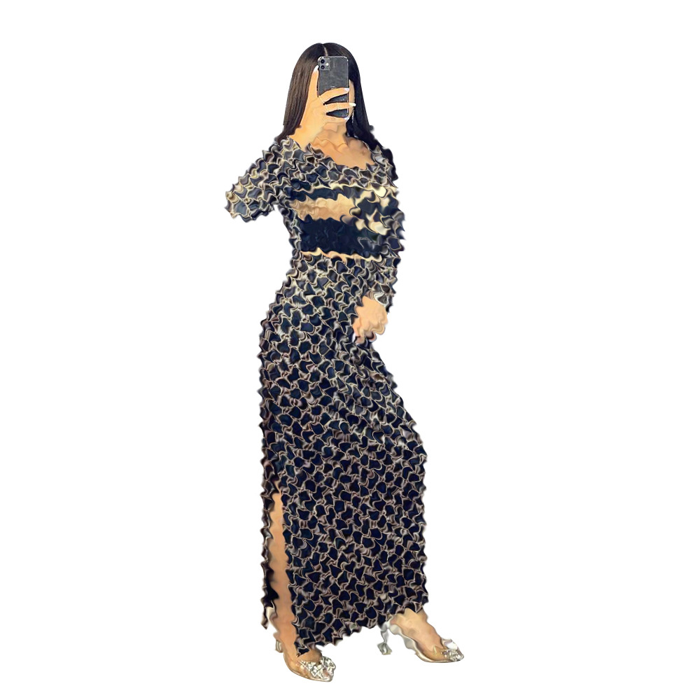 Y71369 European and American women's clothing party casual fashion printed split soft warm Korean velvet winter long sleeve dress
