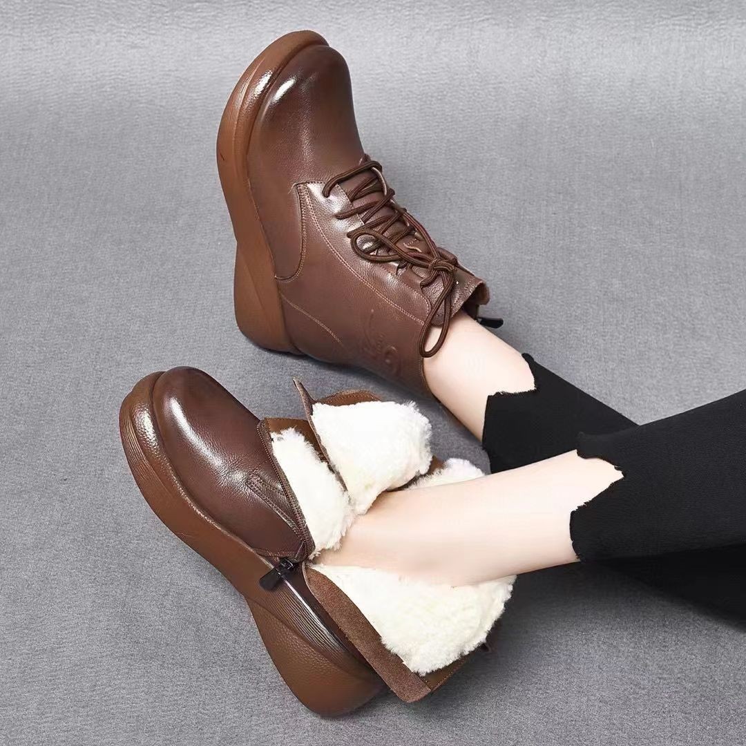 Soft leather Martin boots for women 2023 autumn and winter mom New Korean style fleece-lined snow boots slip-resistant thick bottom ankle boots for women